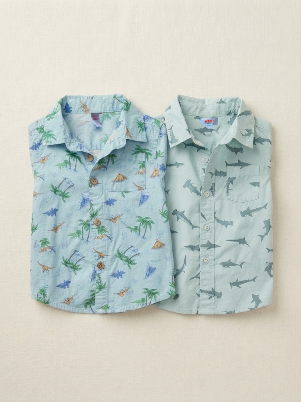 2Pk: Tropical Dinosaurs & Shark Print Short-Sleeve Collared Shirts